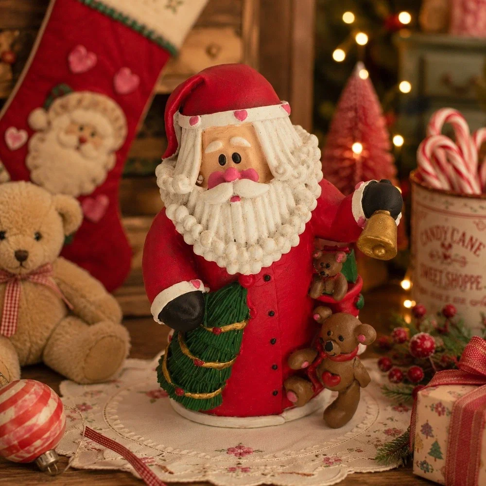 Vintage Santa Figurine Teddy Bears Hearts Christmas Tree Bell Holiday Decor